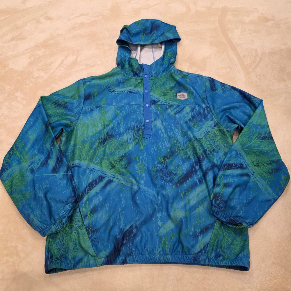 Realtree Fishing Womens L Hoodie Pullover Blue Green Camo Windbreaker Colosseum